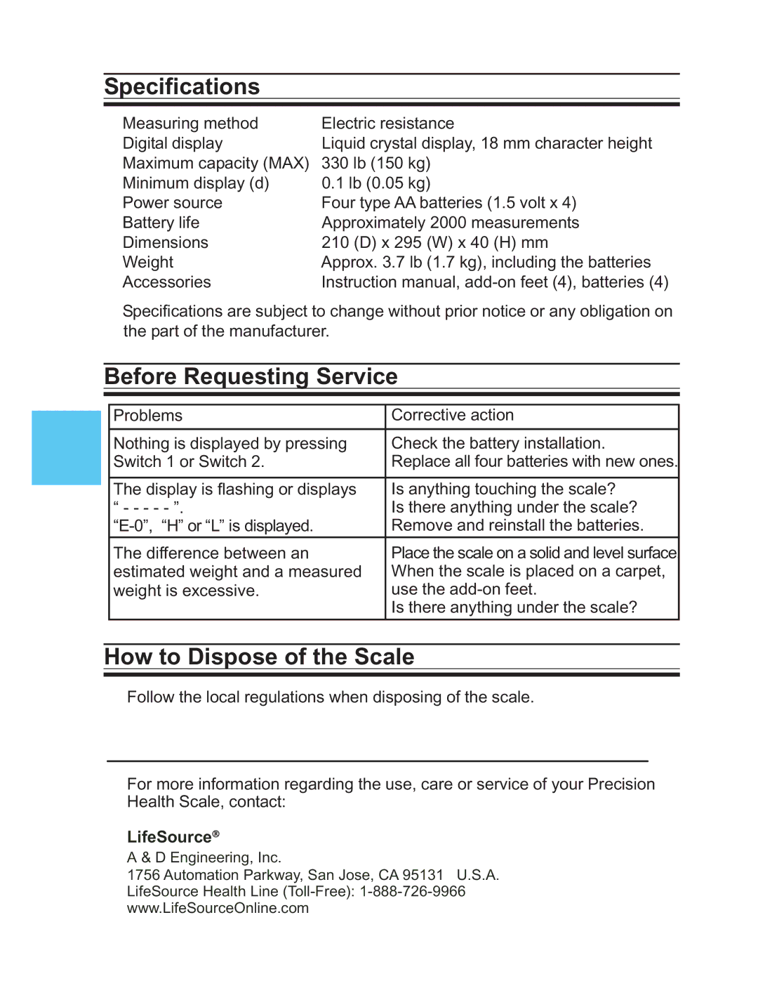 LifeSource UC-322 manual Specifications, Before Requesting Service, How to Dispose of the Scale 