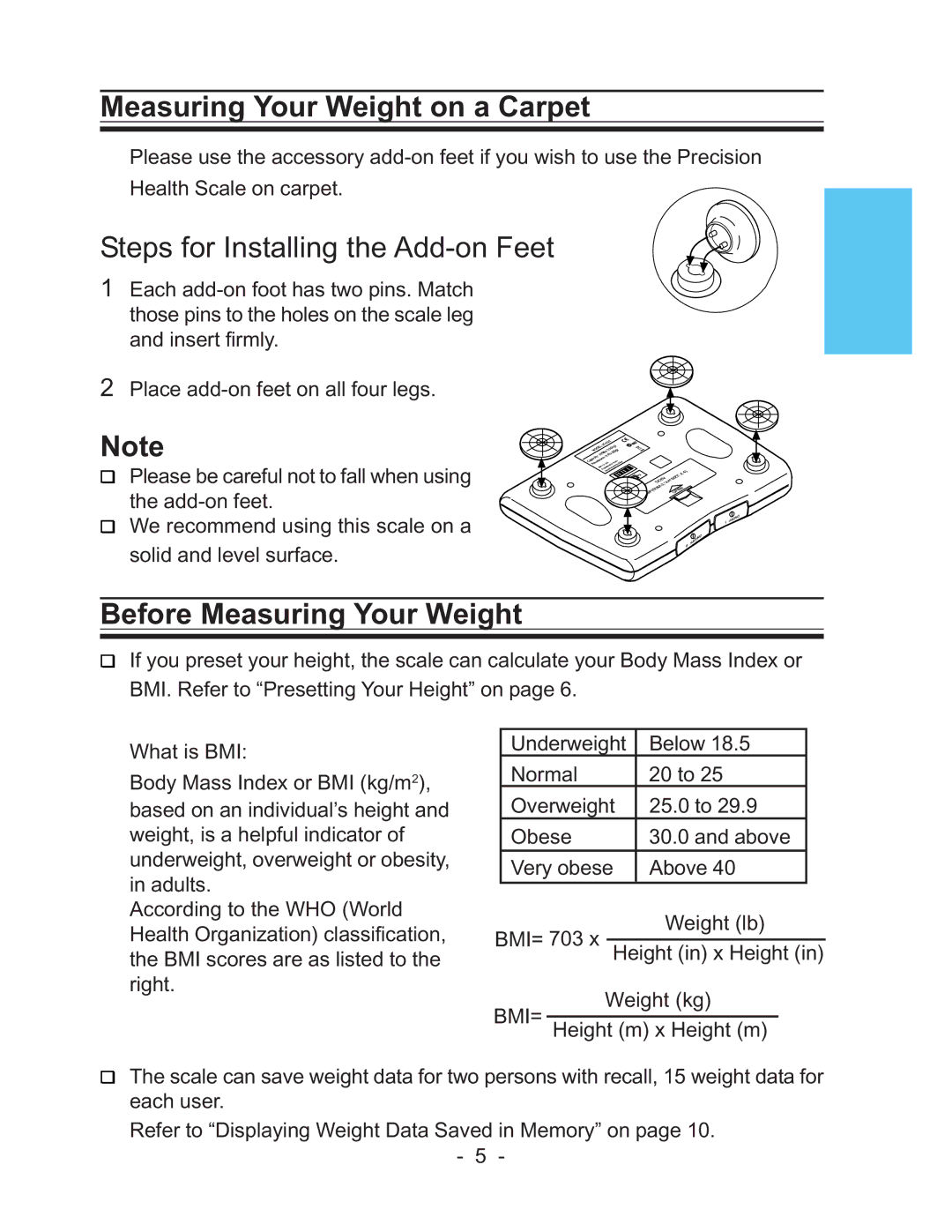 LifeSource UC-322 Measuring Your Weight on a Carpet, Steps for Installing the Add-on Feet, Before Measuring Your Weight 