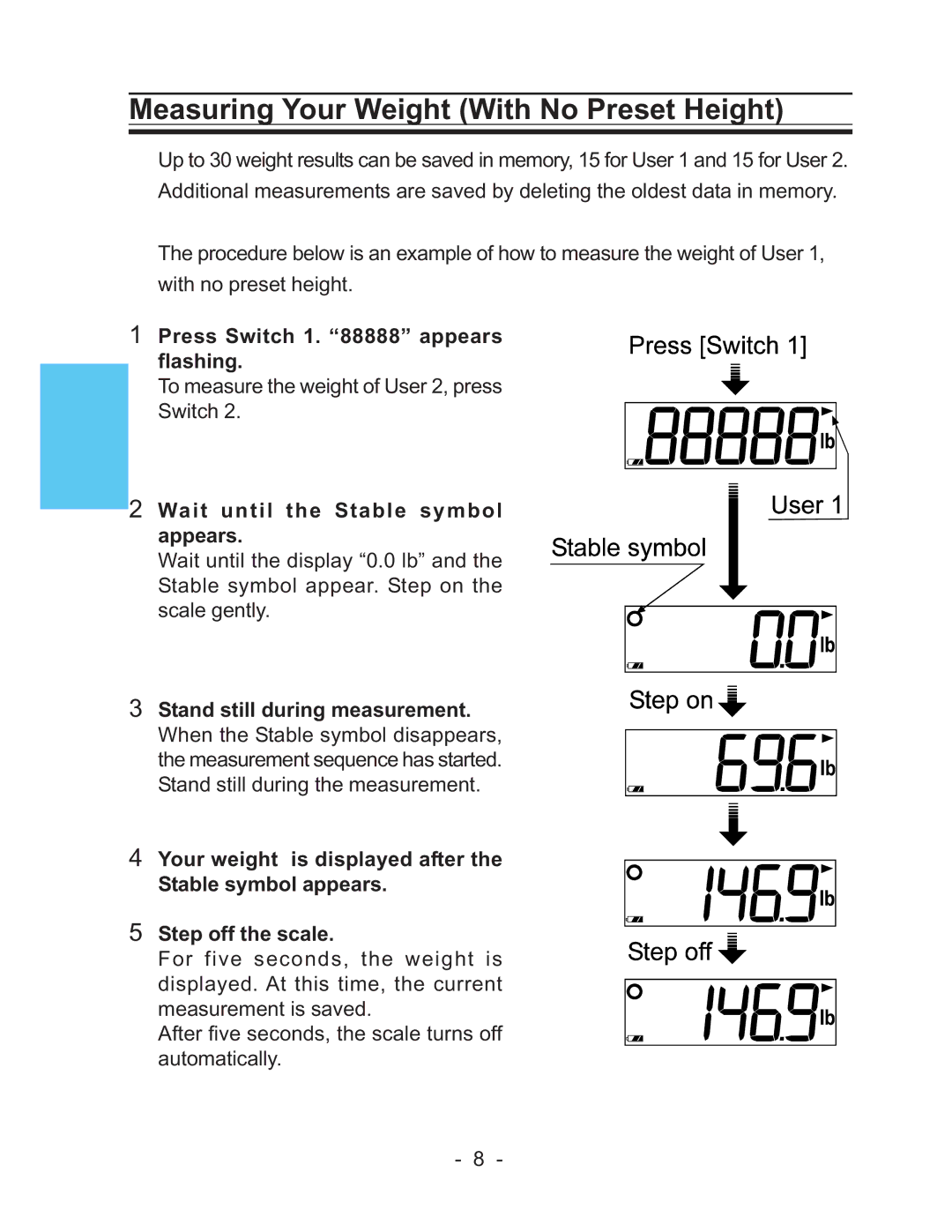 LifeSource UC-322 manual Measuring Your Weight With No Preset Height 