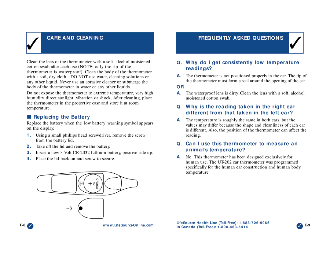 LifeSource UT-202 manual Care and Cleaning, Replacing the Battery, Frequently Asked Questions 