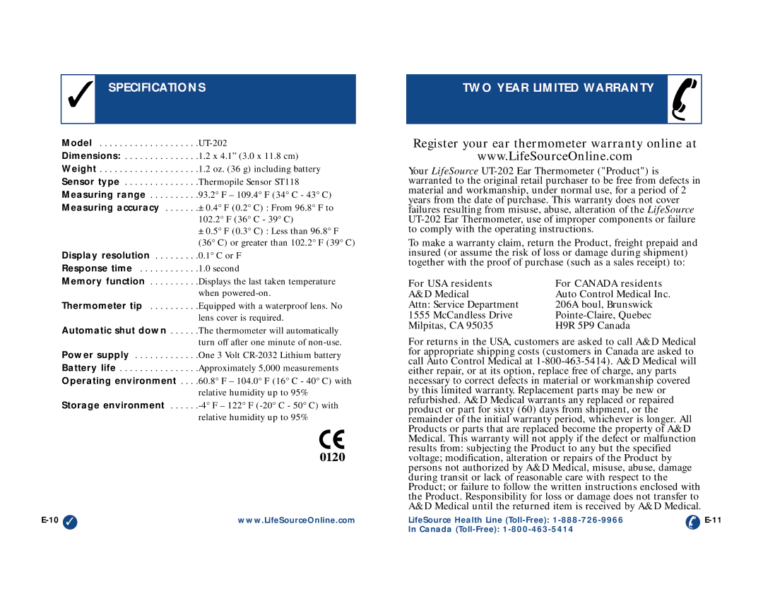 LifeSource UT-202 manual Specifications, TWO Year Limited Warranty 