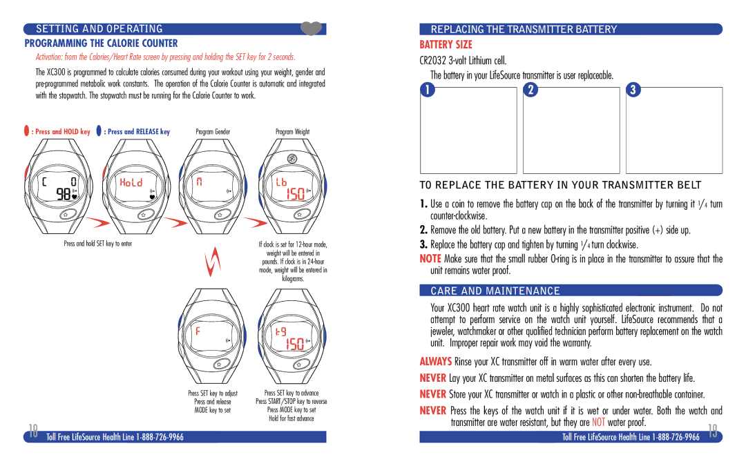 LifeSource XC 300 Programming the Calorie Counter, Replacing the Transmitter Battery, Care and Maintenance, Program Gender 