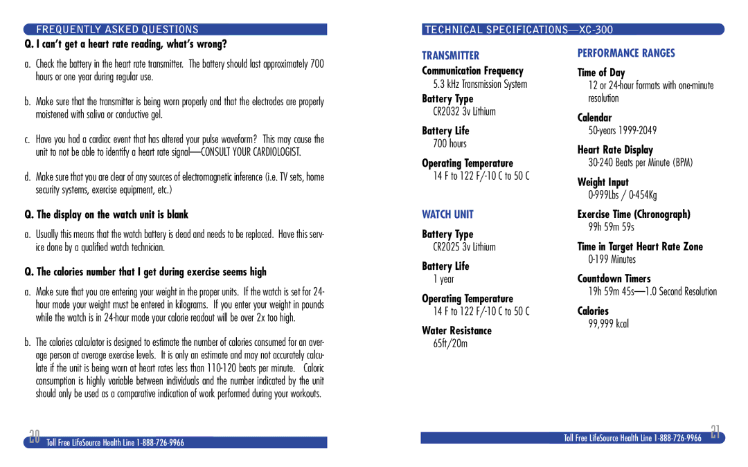 LifeSource XC 300 Frequently Asked Questions, Technical SPECIFICATIONS-XC-300, Transmitter, Watch Unit, Performance Ranges 