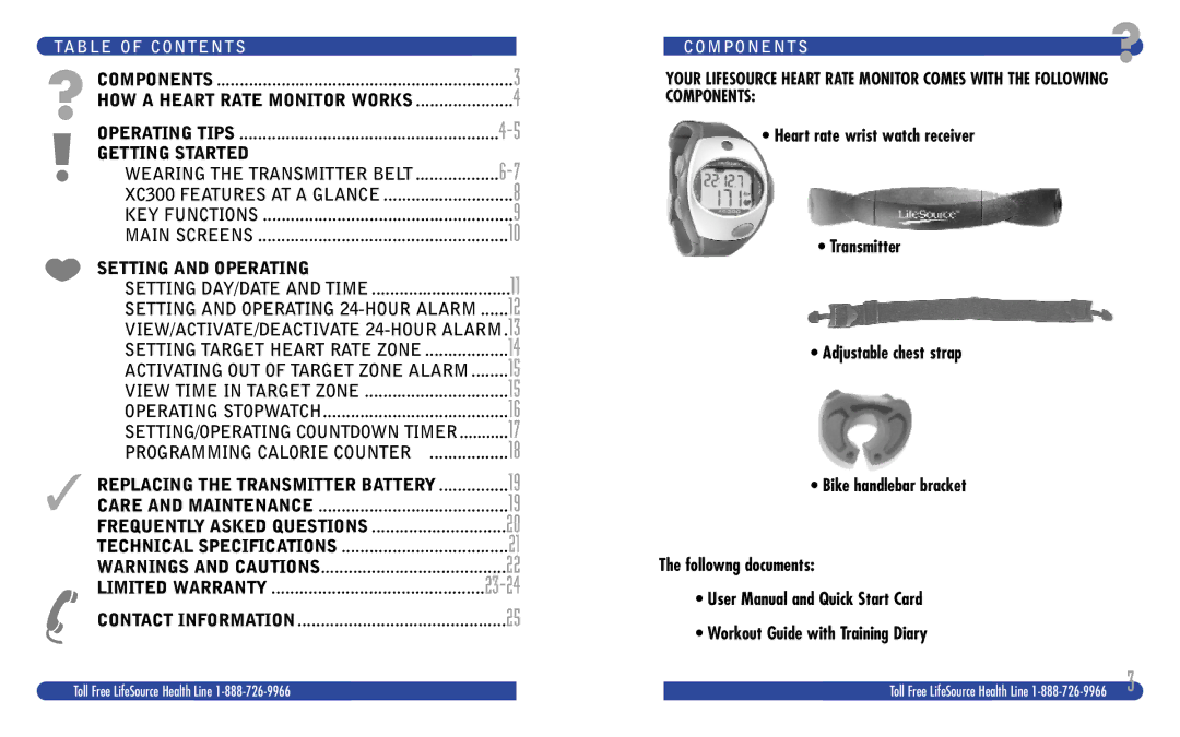 LifeSource XC 300 manual Table of Contents, Components 