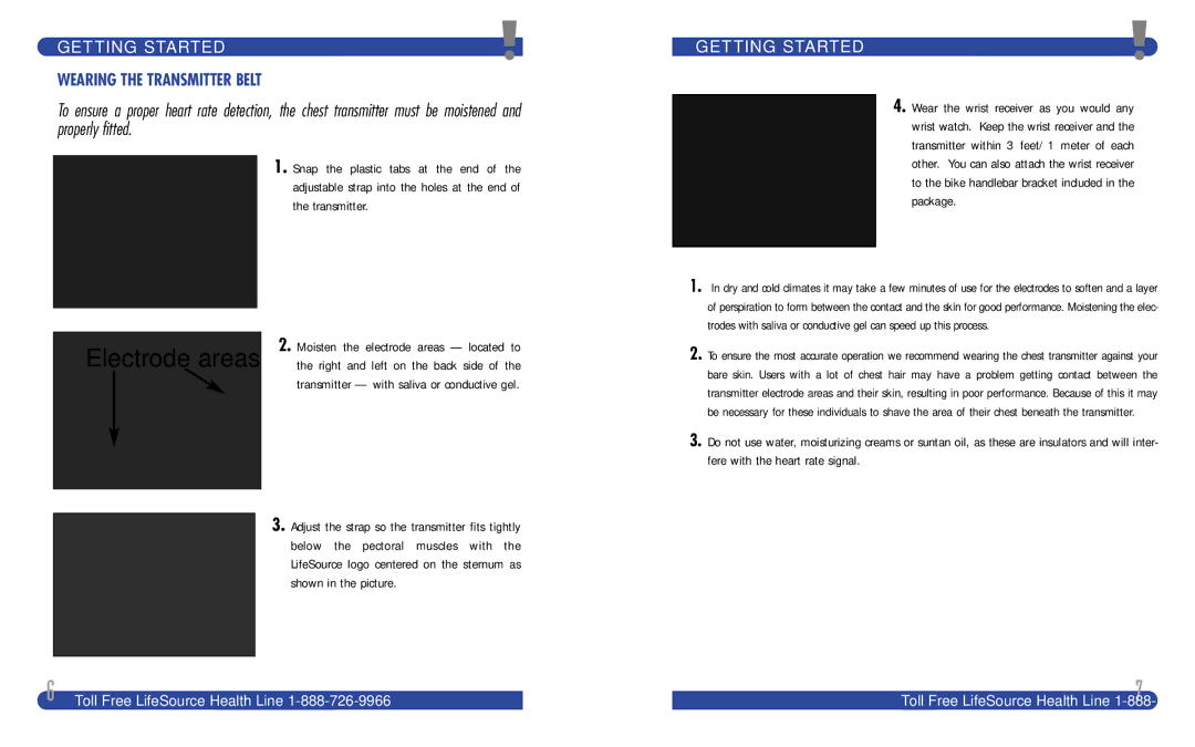 LifeSource XC 300 manual Getting Started, Wearing the Transmitter Belt 