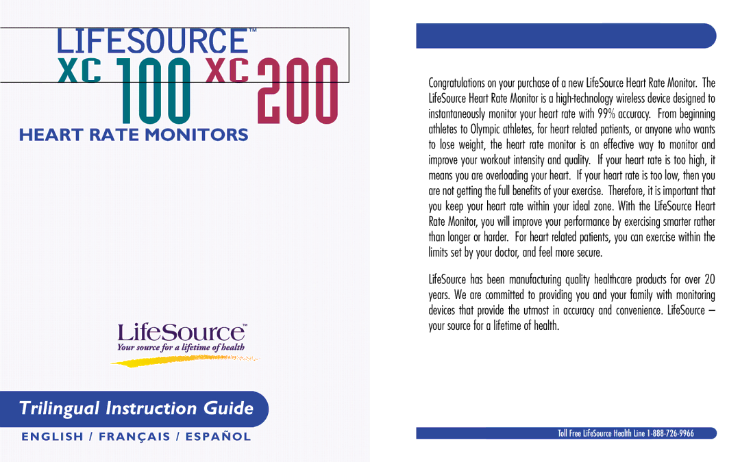 LifeSource XC100, XC200 manual Trilingual Instruction Guide, English / Français / Español 