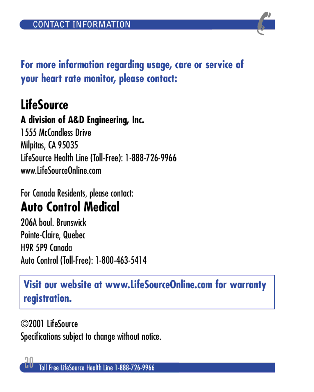 LifeSource XC100, XC200 manual LifeSource, Contact Information 