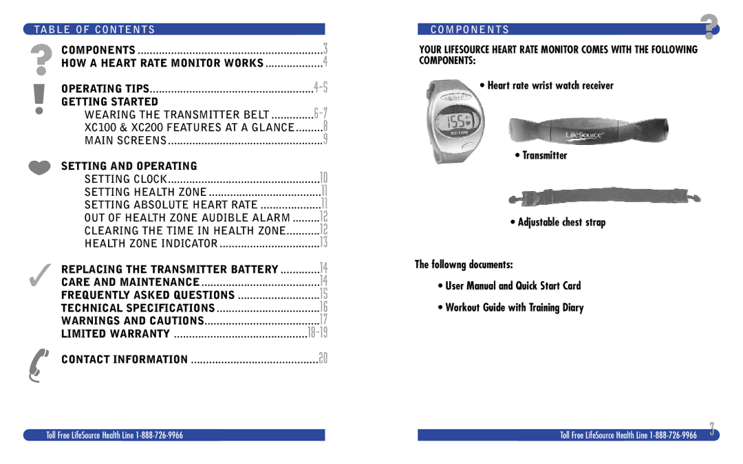 LifeSource XC200, XC100 manual Table of Contents, Components 