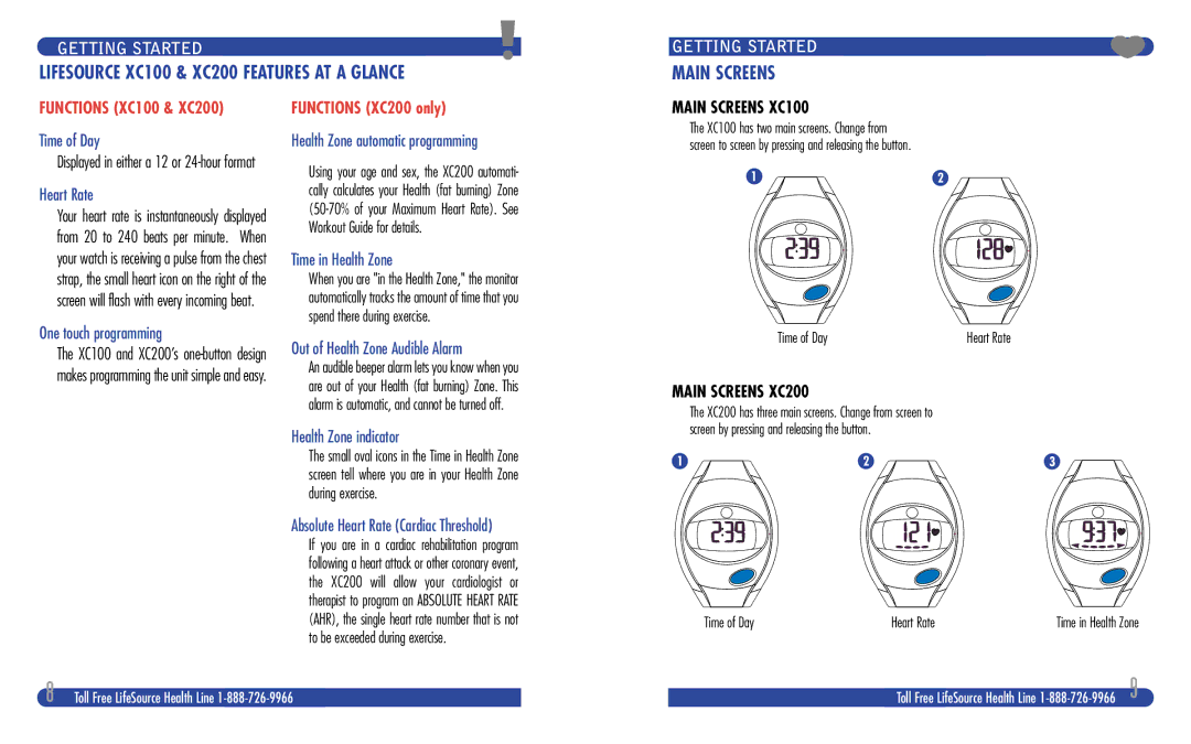 LifeSource manual Lifesource XC100 & XC200 Features AT a Glance, Main Screens 