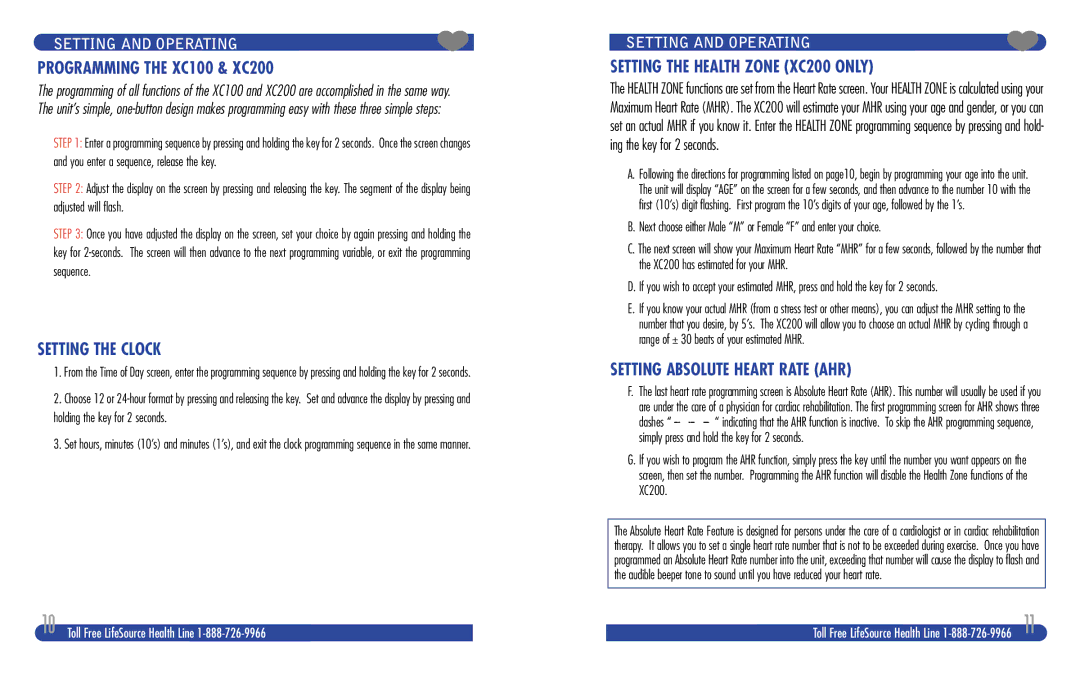LifeSource Programming the XC100 & XC200, Setting the Clock, Setting the Health Zone XC200 only, Setting and Operating 