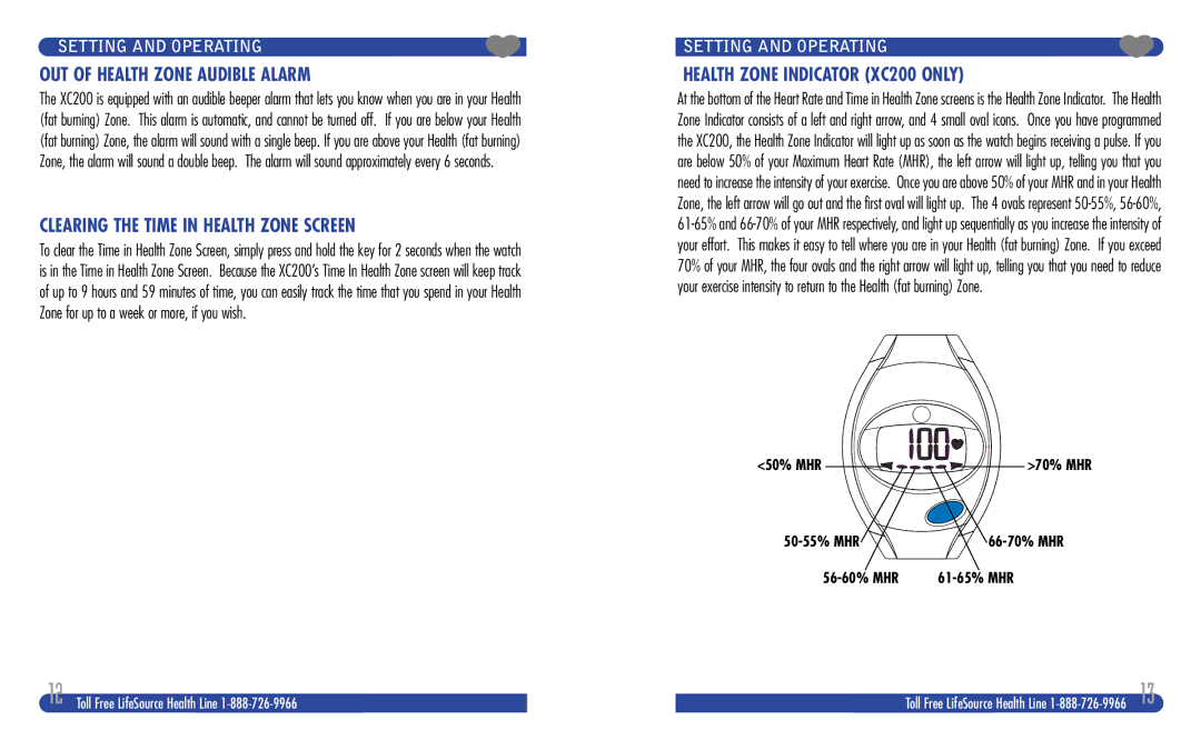 LifeSource XC100, XC200 manual OUT of Health Zone Audible Alarm, Clearing the Time in Health Zone Screen 