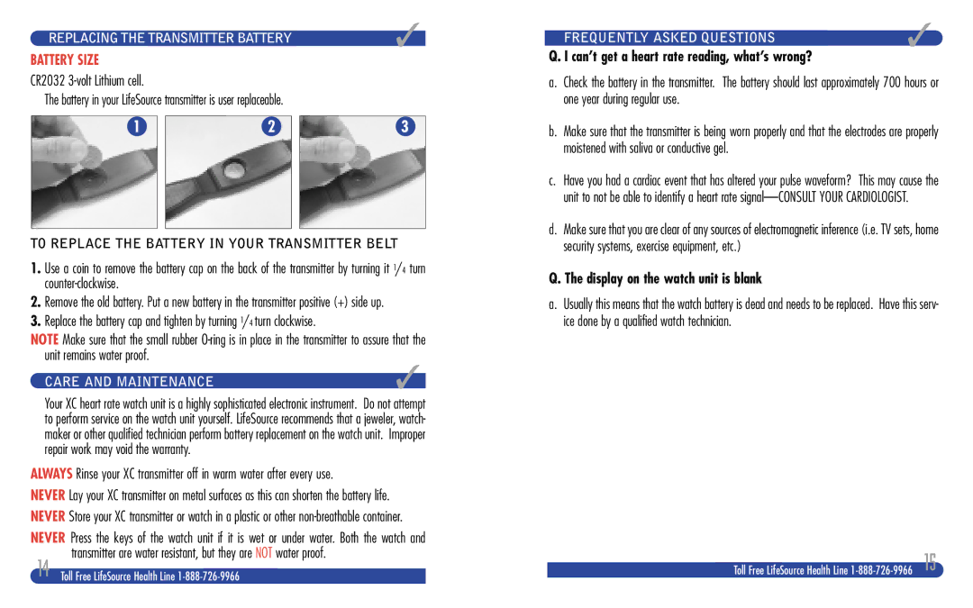 LifeSource XC200 Transmitter Battery, Care and Maintenance, Frequently Asked Questions, Display on the watch unit is blank 