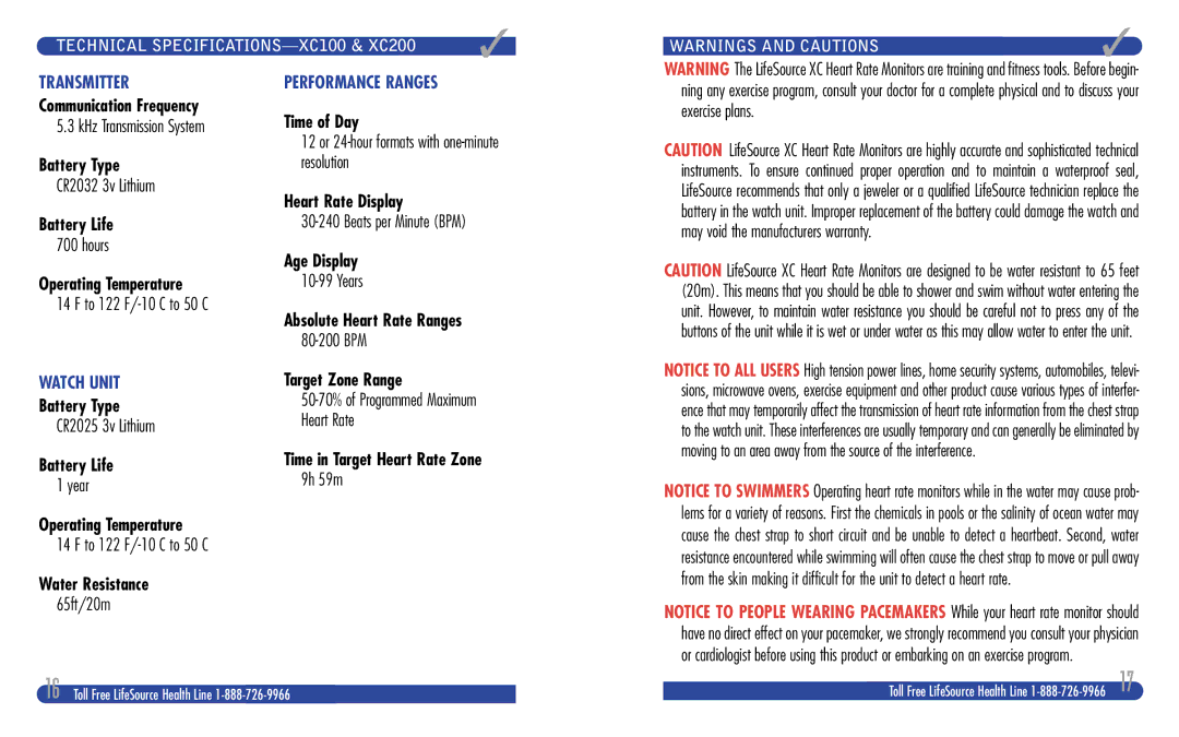 LifeSource manual Technical SPECIFICATIONS-XC100 & XC200 