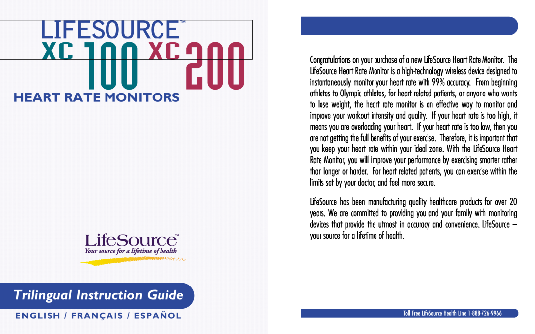 LifeSource XC100, XC200 manual English / Français / Español, Trilingual Instruction Guide, Heart Rate Monitors 