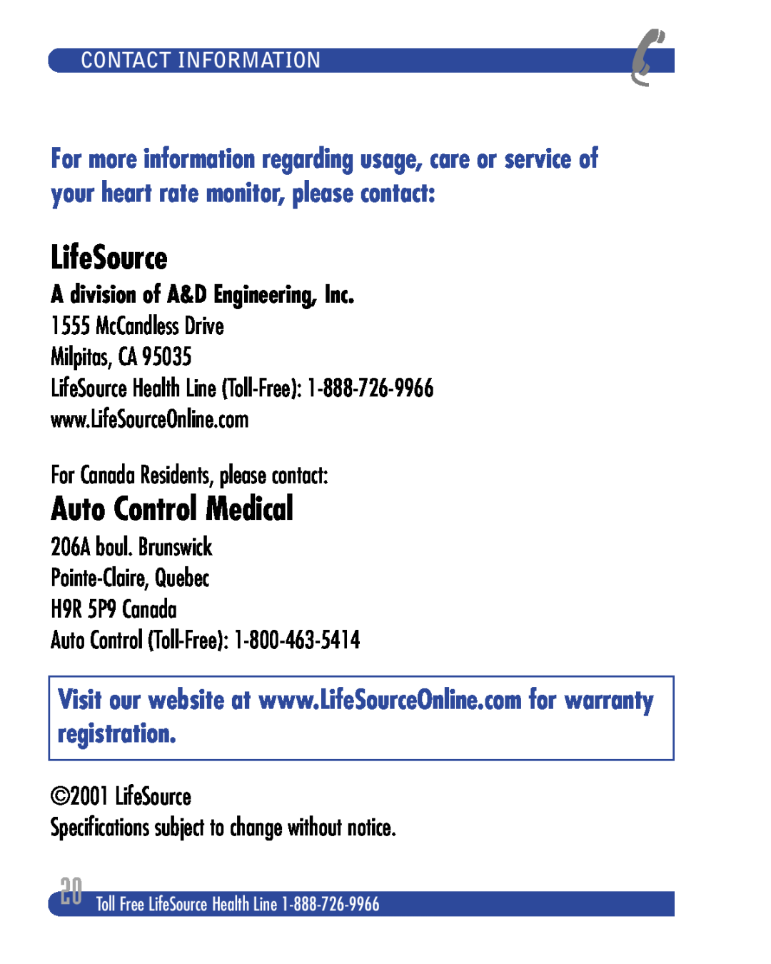 LifeSource XC100, XC200 manual Contact Information, LifeSource, Auto Control Medical, A division of A&D Engineering, Inc 