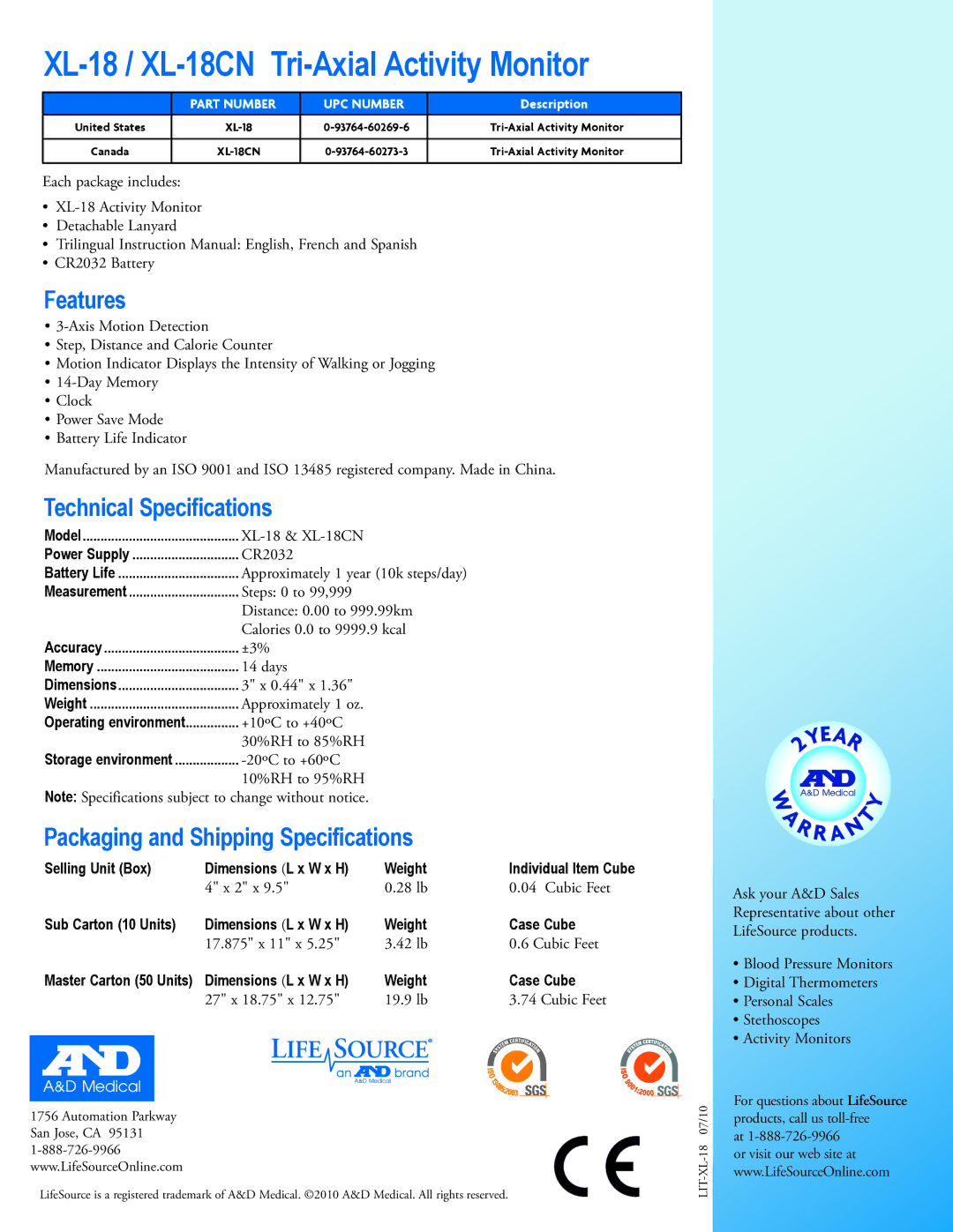 LifeSource XL-18CN manual Features, Technical Specifications, Packaging and Shipping Specifications 