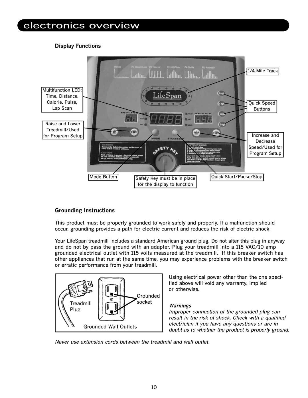 LifeSpan TR-100SL manual Display Functions, Grounding Instructions 