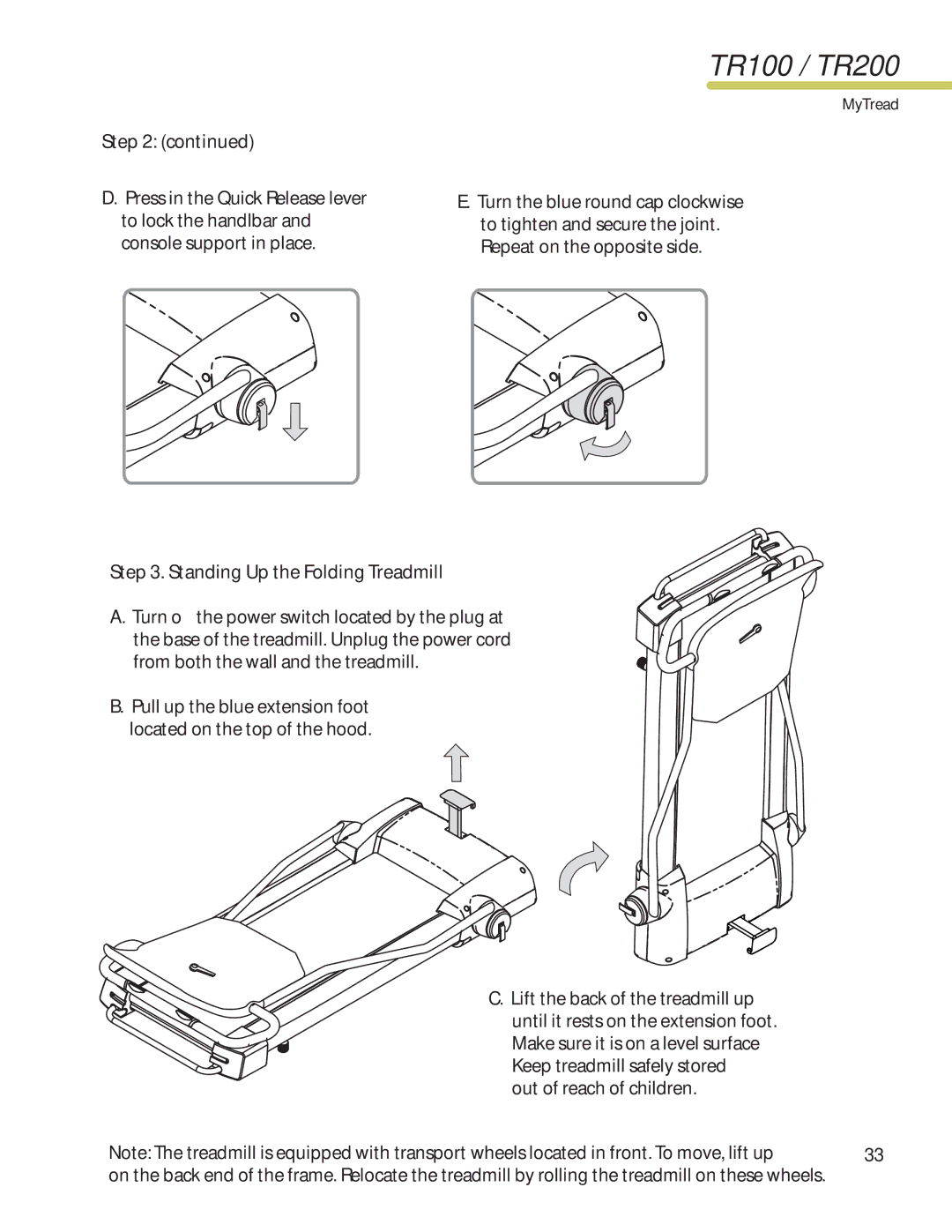 LifeSpan TR200, TR100 manual Step, Standing Up the Folding Treadmill 