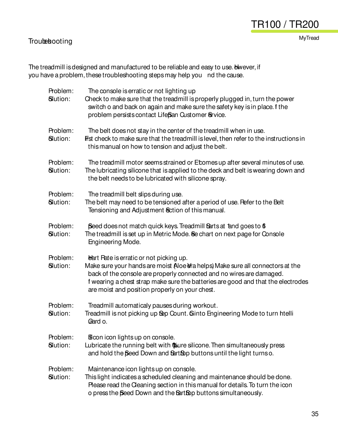 LifeSpan TR200, TR100 manual Troubleshooting 