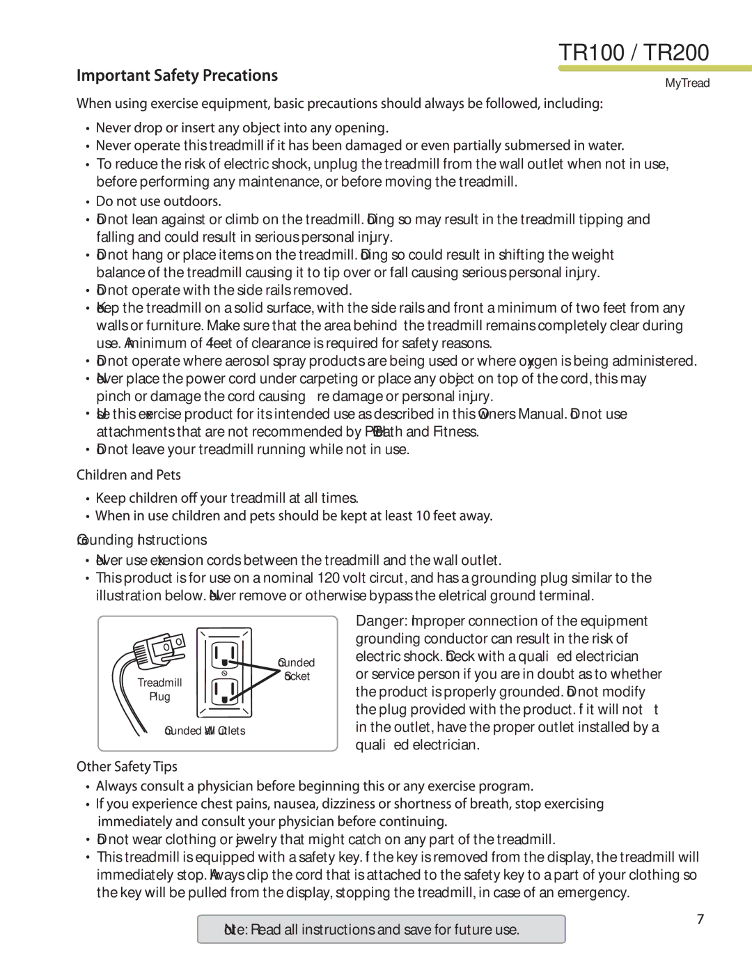 LifeSpan TR200, TR100 manual Gounded Wall Outlets 