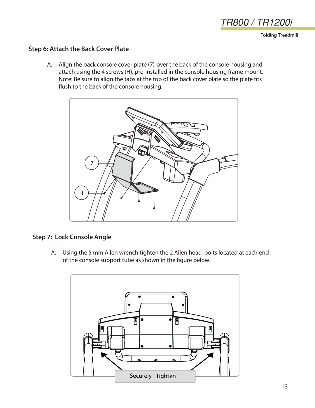 LifeSpan TR1200I manual Attach the Back Cover Plate, Lock Console Angle 