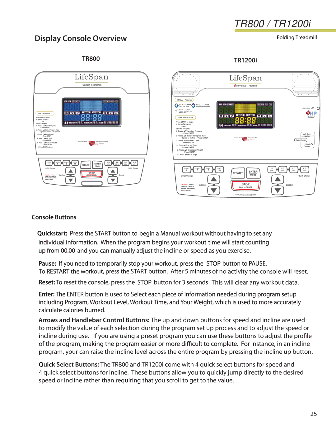 LifeSpan TR1200I manual Display Console Overview, TR800 TR1200i 