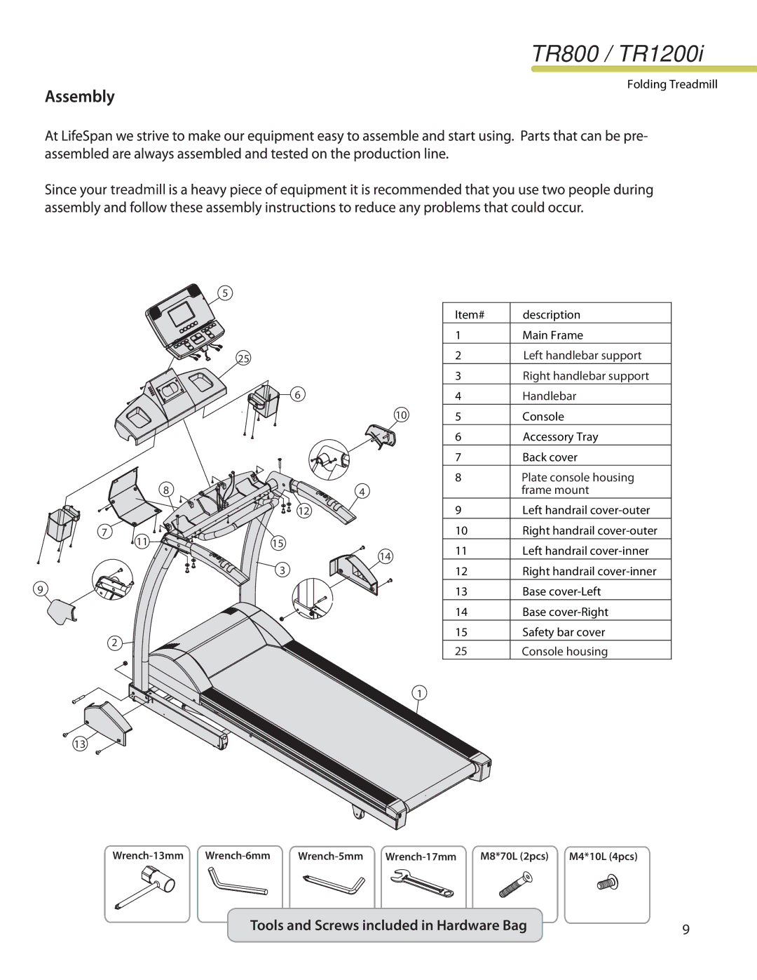 LifeSpan TR1200I manual TR800 / TR1200i, Tools and Screws included in Hardware Bag 