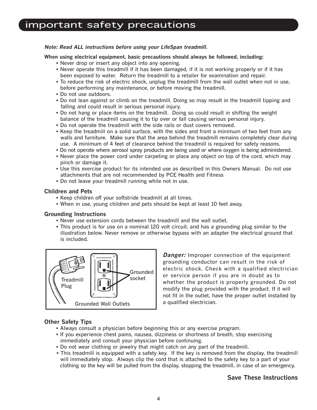 LifeSpan TR1550-SL manual Children and Pets, Grounding Instructions, Other Safety Tips 