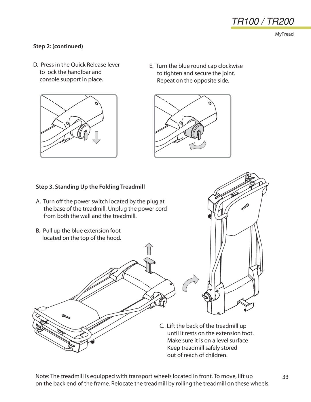 LifeSpan TR200 manual Step, Standing Up the Folding Treadmill 