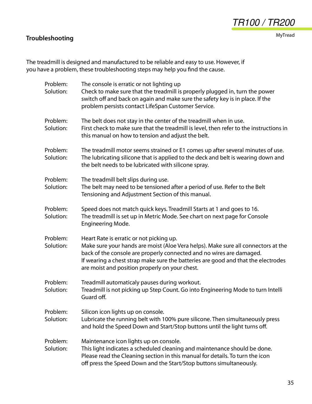 LifeSpan TR200 manual Troubleshooting 