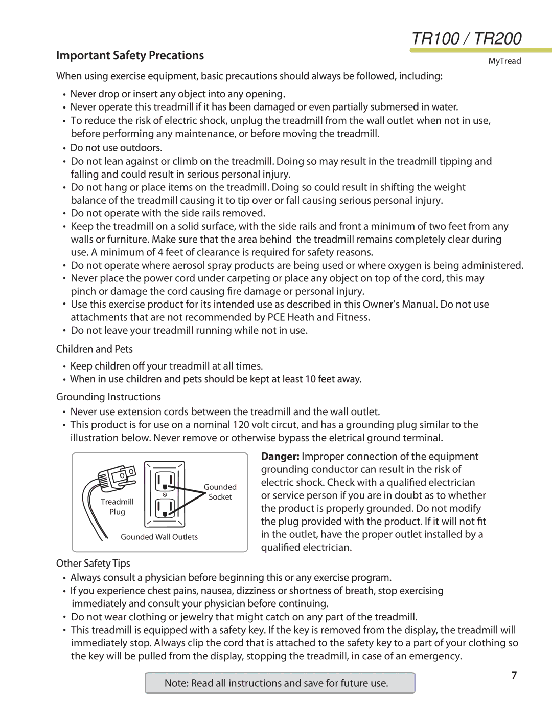 LifeSpan TR200 manual Gounded Wall Outlets 