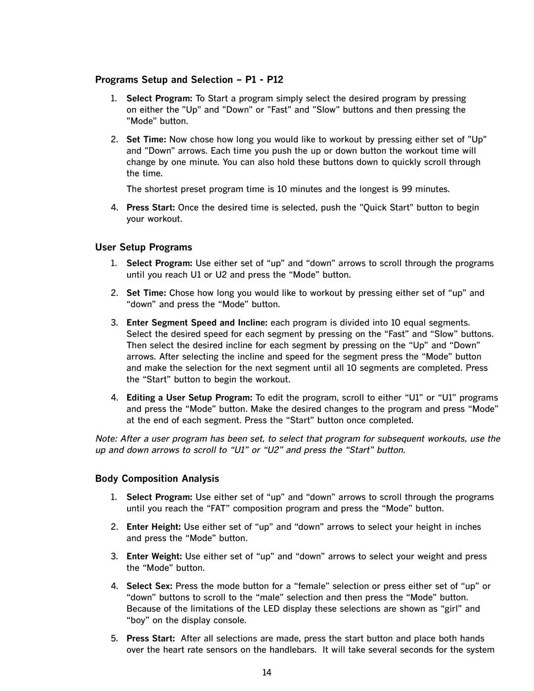 LifeSpan TR2250-HRC manual Programs Setup and Selection P1 P12, User Setup Programs, Body Composition Analysis 