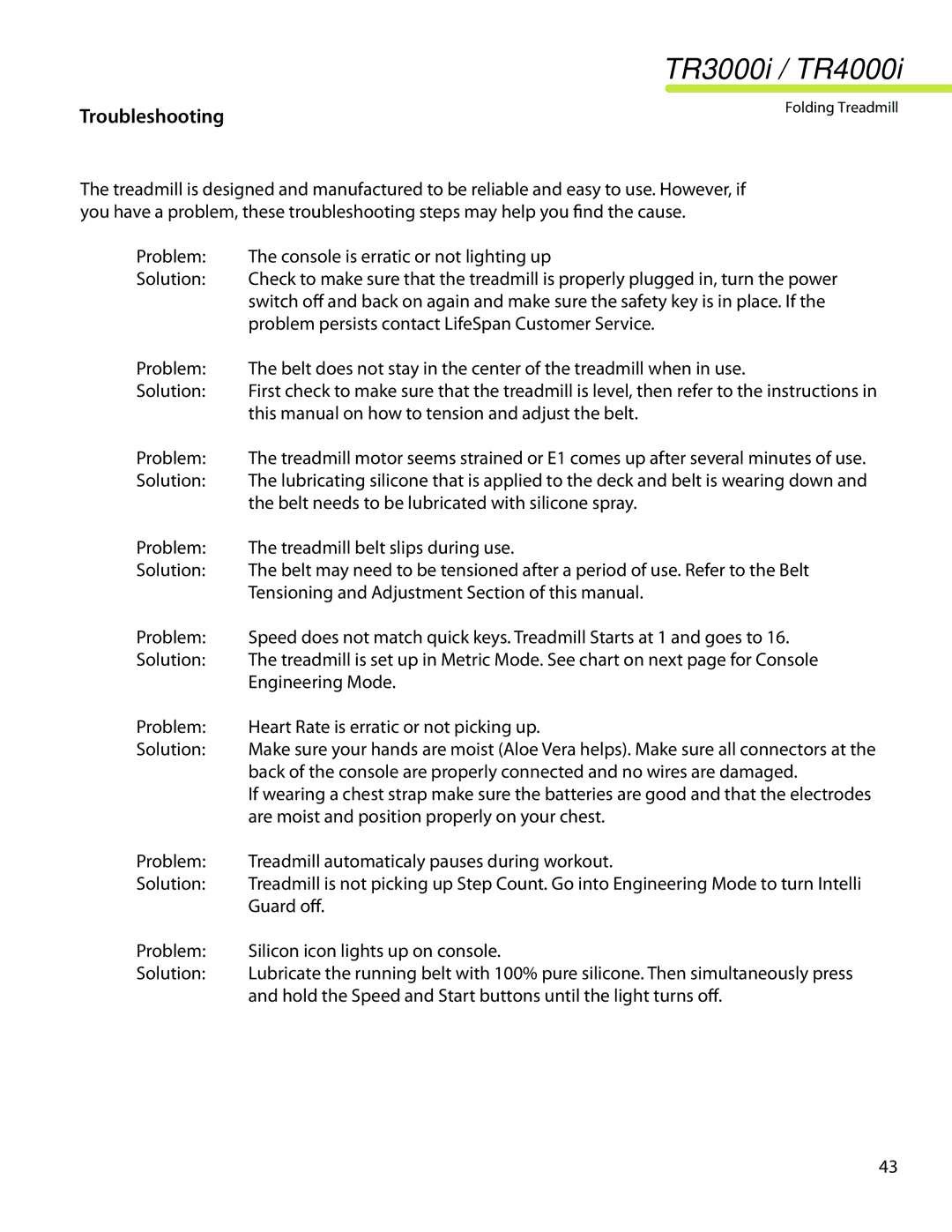 LifeSpan TR4000I, TR3000i manual Troubleshooting 