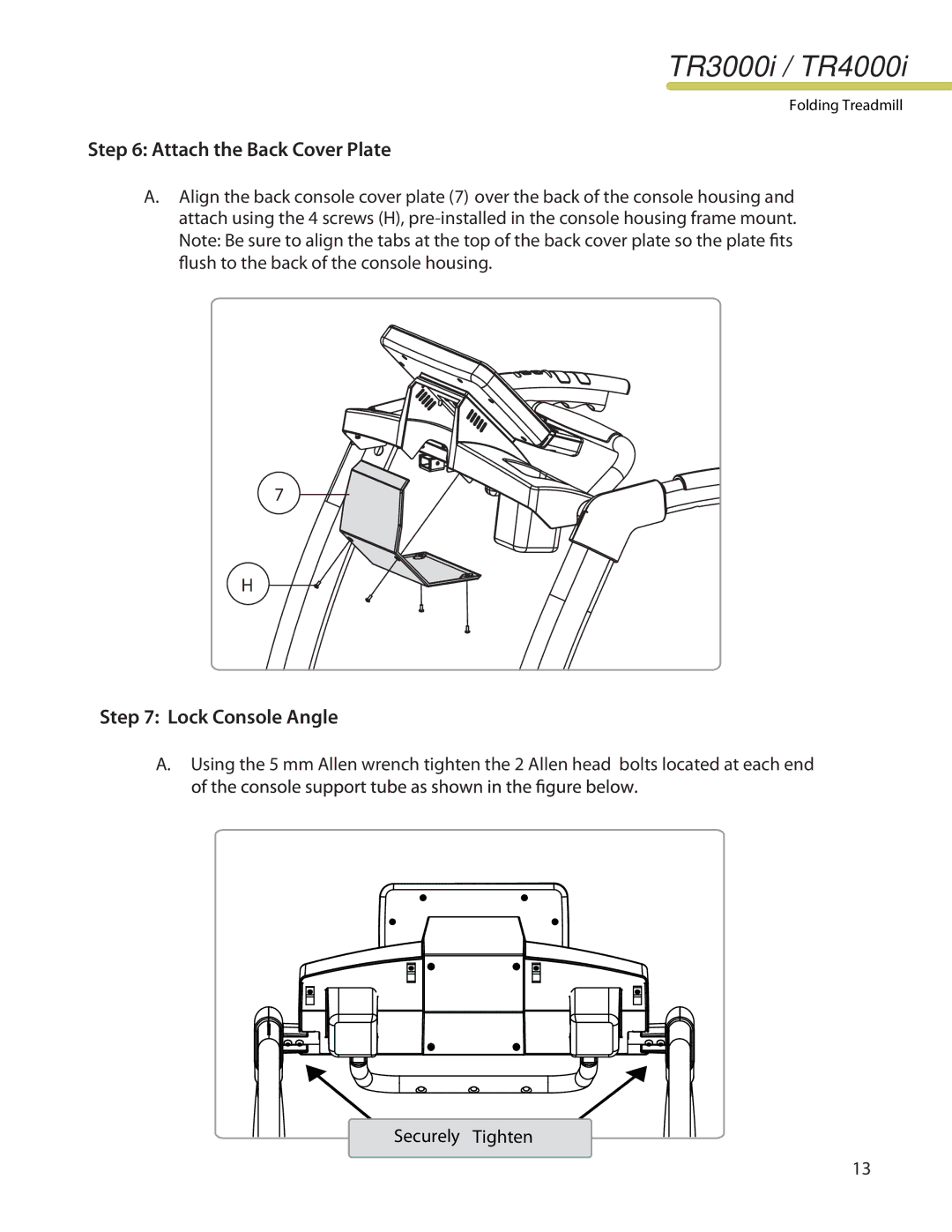 LifeSpan TR4000I manual Attach the Back Cover Plate, Lock Console Angle 