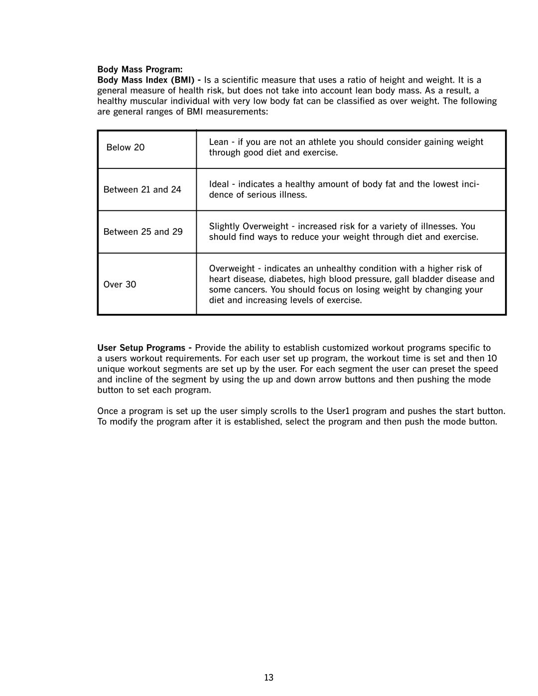 LifeSpan TR1000-TV, TR500 manual Body Mass Program 