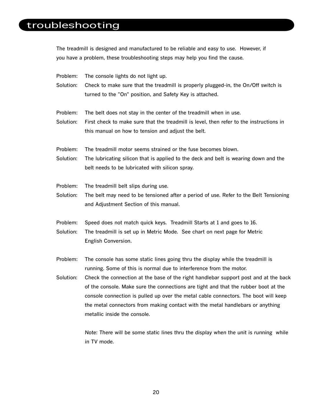 LifeSpan TR500, TR1000-TV manual Troubleshooting 