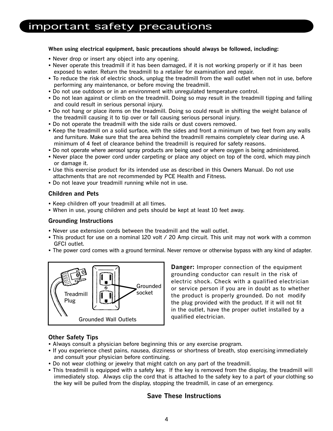 LifeSpan TR500, TR1000-TV manual Important safety precautions, Children and Pets, Grounding Instructions, Other Safety Tips 