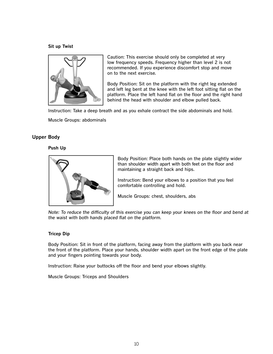 LifeSpan VP1000 manual Upper Body, Sit up Twist, Push Up, Tricep Dip 