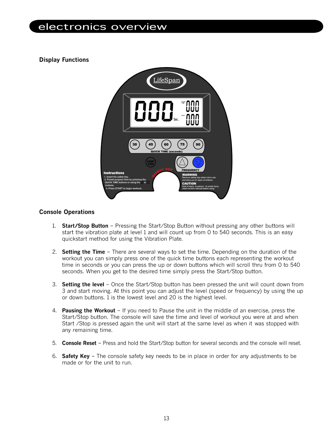 LifeSpan VP1000 manual Electronics overview, Display Functions Console Operations 