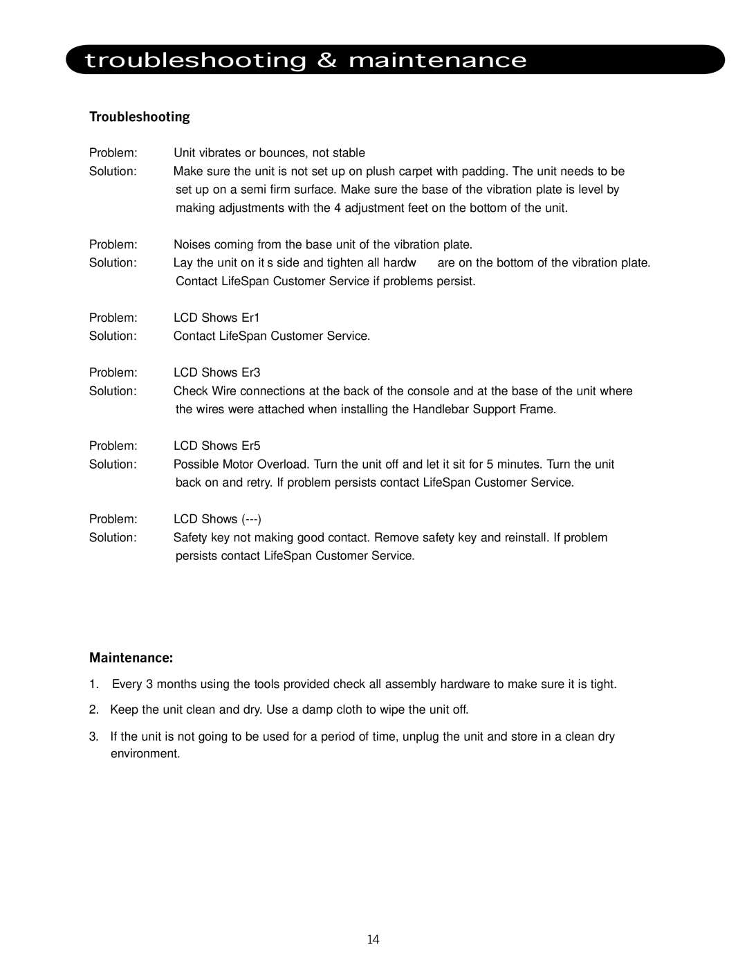 LifeSpan VP1000 manual Troubleshooting & maintenance, Maintenance 