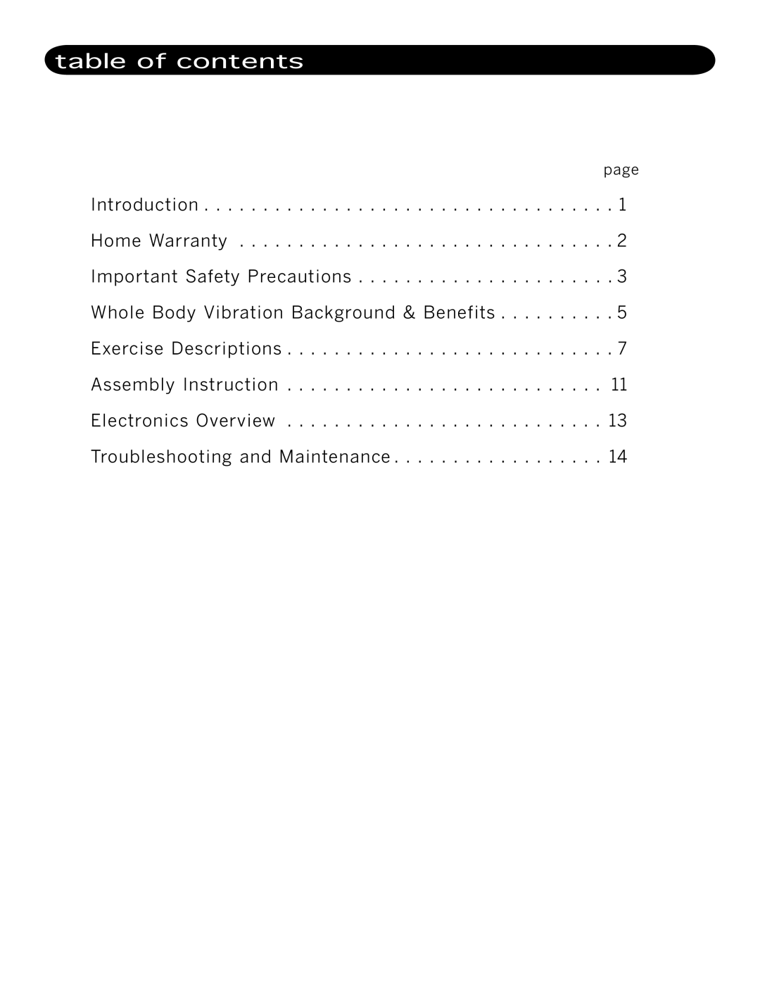 LifeSpan VP1000 manual Table of contents 