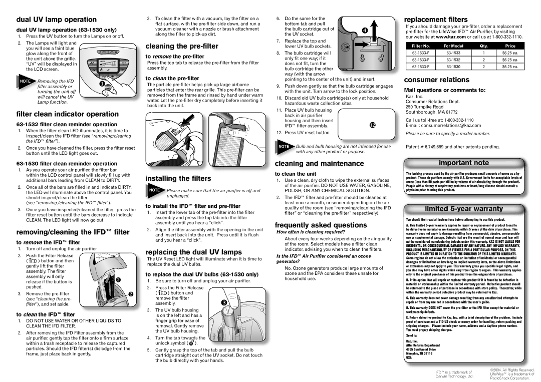 LifeWise 63-1530, 63-1533, 63-1532 Dual UV lamp operation, ﬁlter clean indicator operation, Removing/cleaning the IFD ﬁlter 