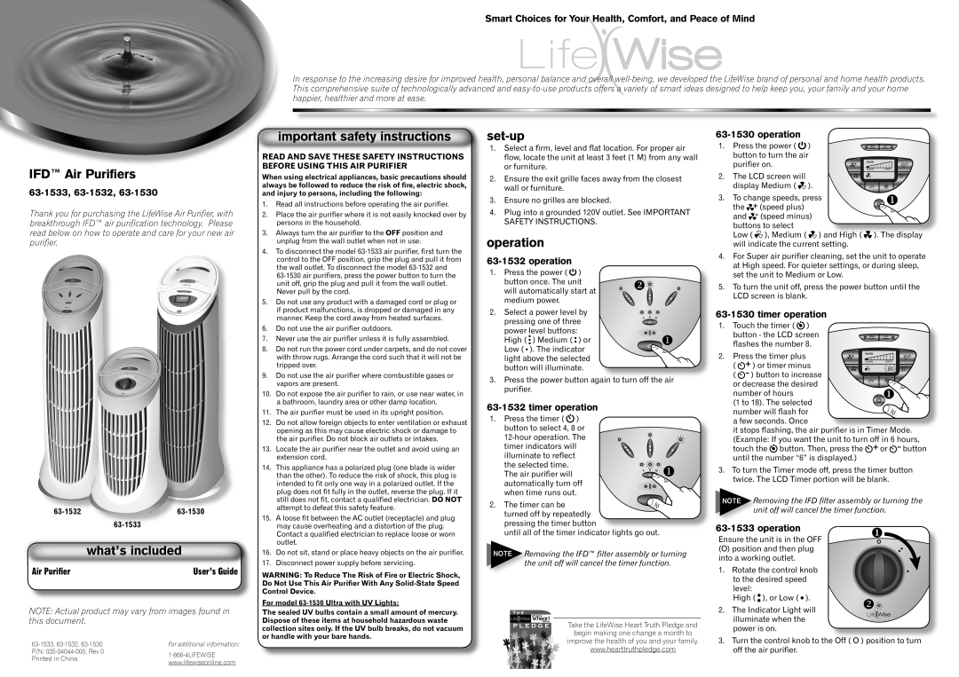 LifeWise important safety instructions IFD Air Puriﬁers, set-up, 63-1533, 63-1532operation, 63-1532timer operation 