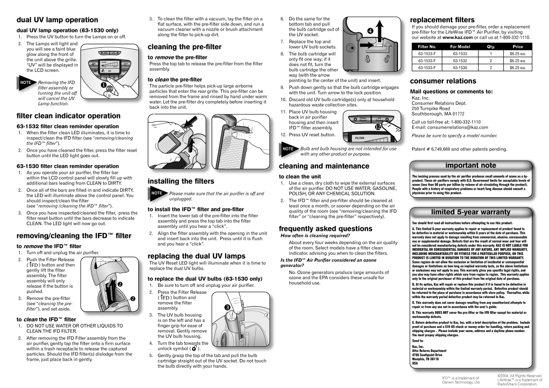 LifeWise 63-1530, 63-1533, 63-1532 important safety instructions dual UV lamp operation 
