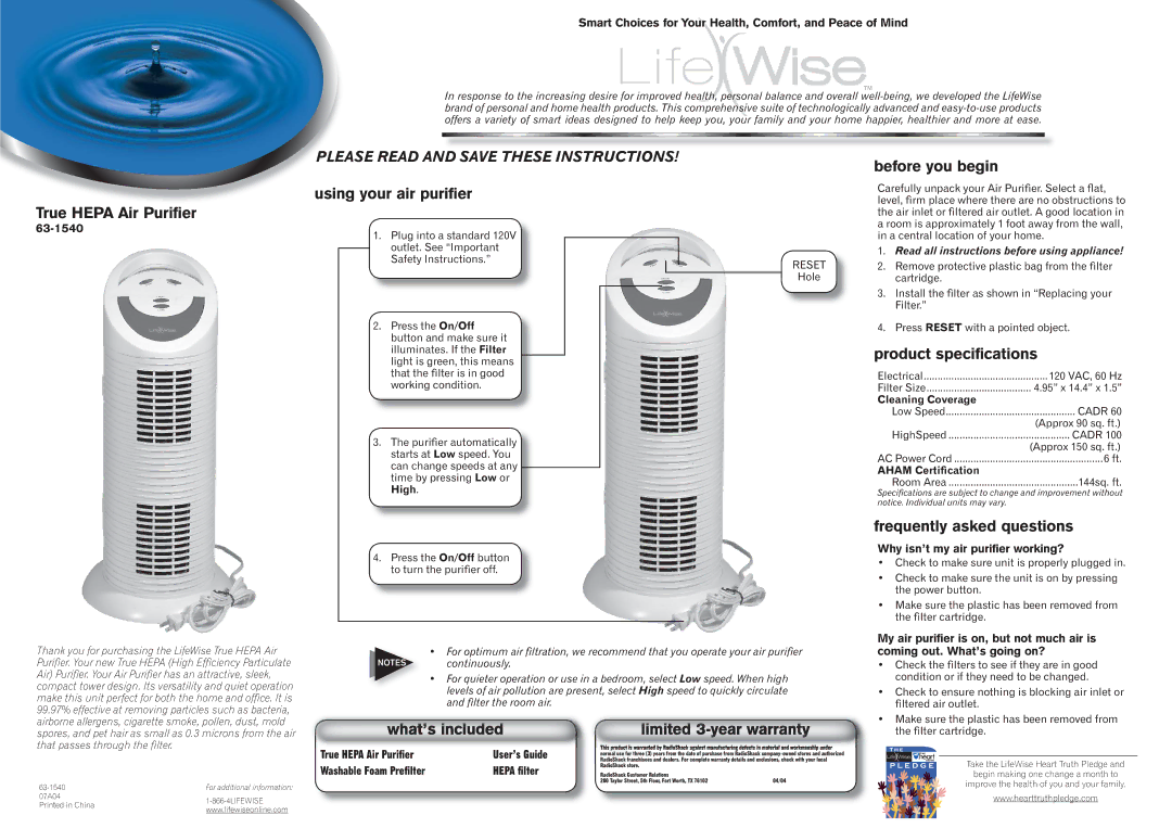 LifeWise 63-1540 specifications True Hepa Air Puriﬁer, Using your air puriﬁer, Before you begin, Product speciﬁcations 