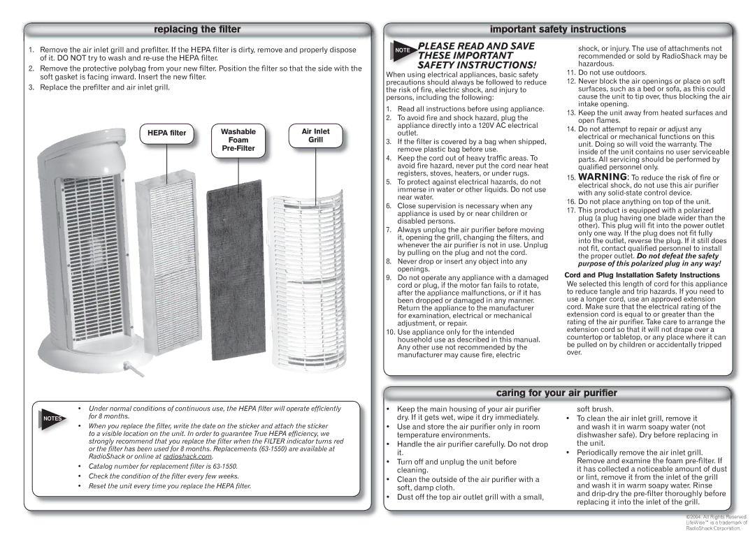 LifeWise 63-1540 specifications Hepa ﬁlter, Air Inlet, Grill, Pre-Filter, For 8 months 