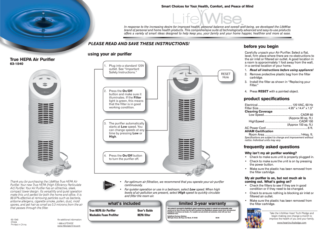 LifeWise 63-1540 specifications Please Read And Save These Instructions, Why isn’t my air puriﬁer working? 