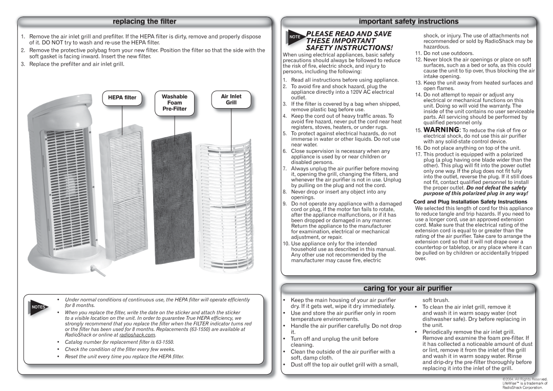 LifeWise 63-1540 Note Please Read And Save These Important, Safety Instructions, HEPA ﬁlter, Air Inlet, Grill, Pre-Filter 