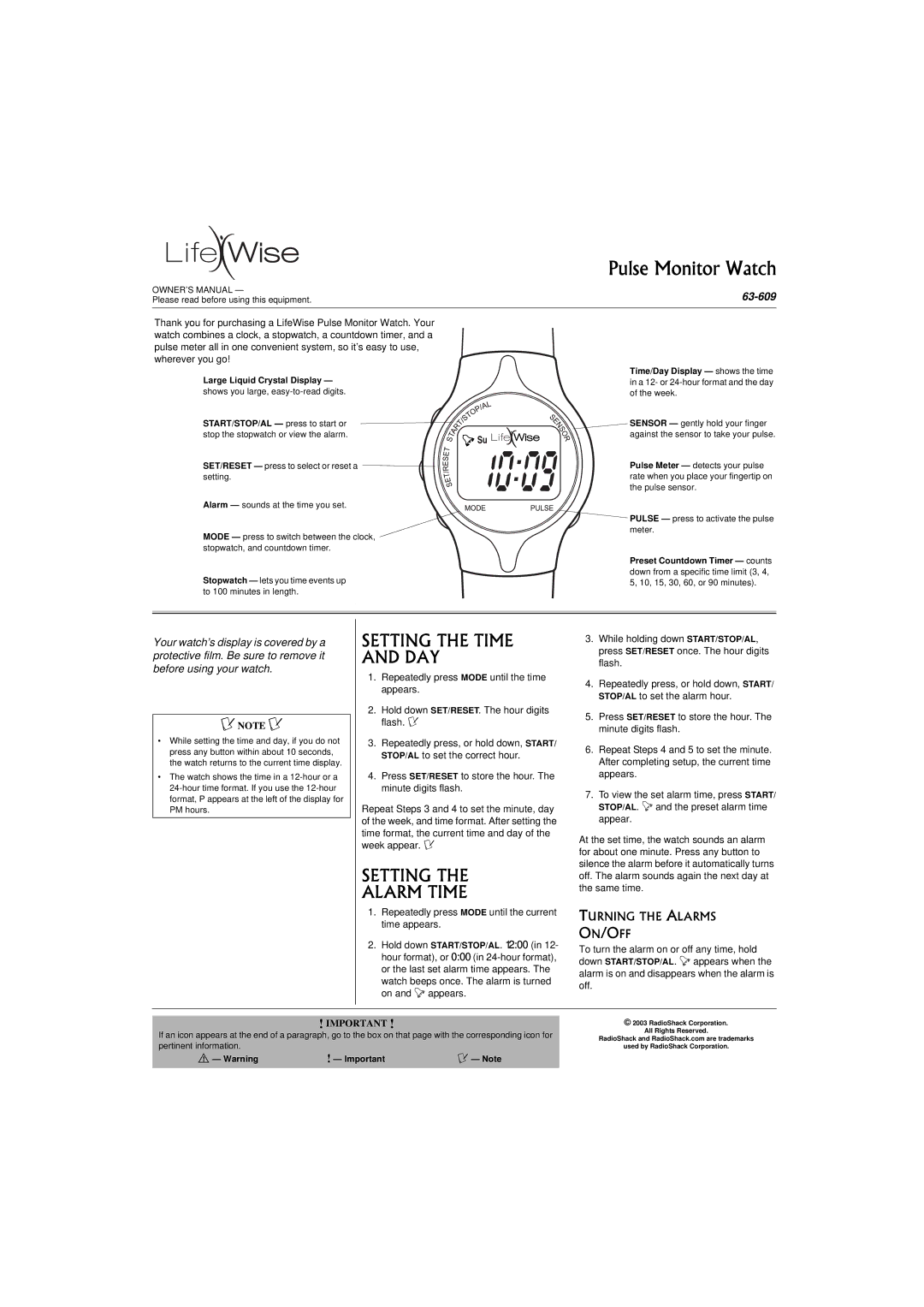 LifeWise 63-609 owner manual Setting the Time and DAY, Setting Alarm Time 