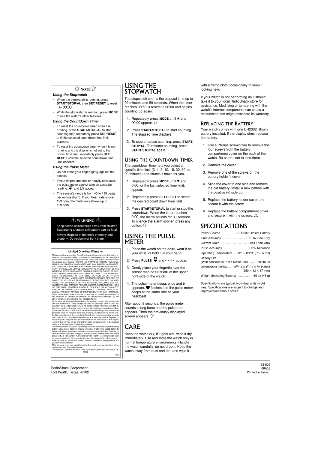 LifeWise 63-609 owner manual Using Stopwatch, Using the Pulse Meter, Care, Specifications 